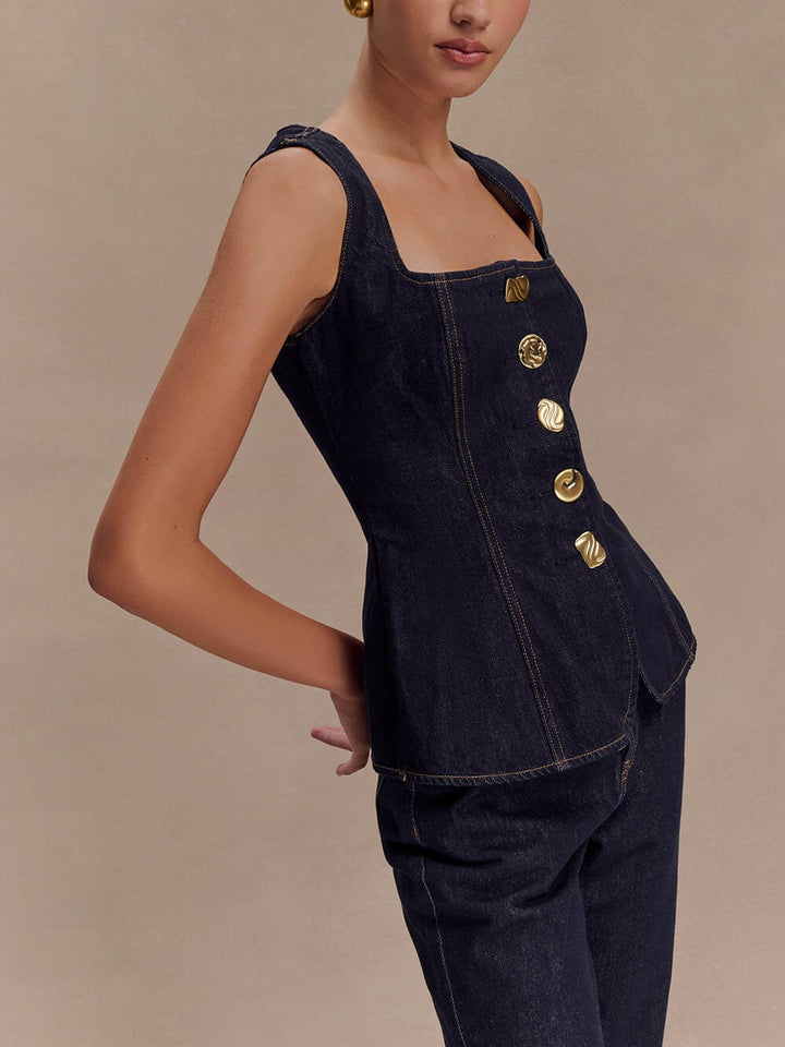 Unique Button-Down Denim Vest Top + Straight Jeans