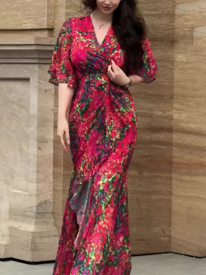 Leontina – Retro Trumpet Sleeve Print Dress