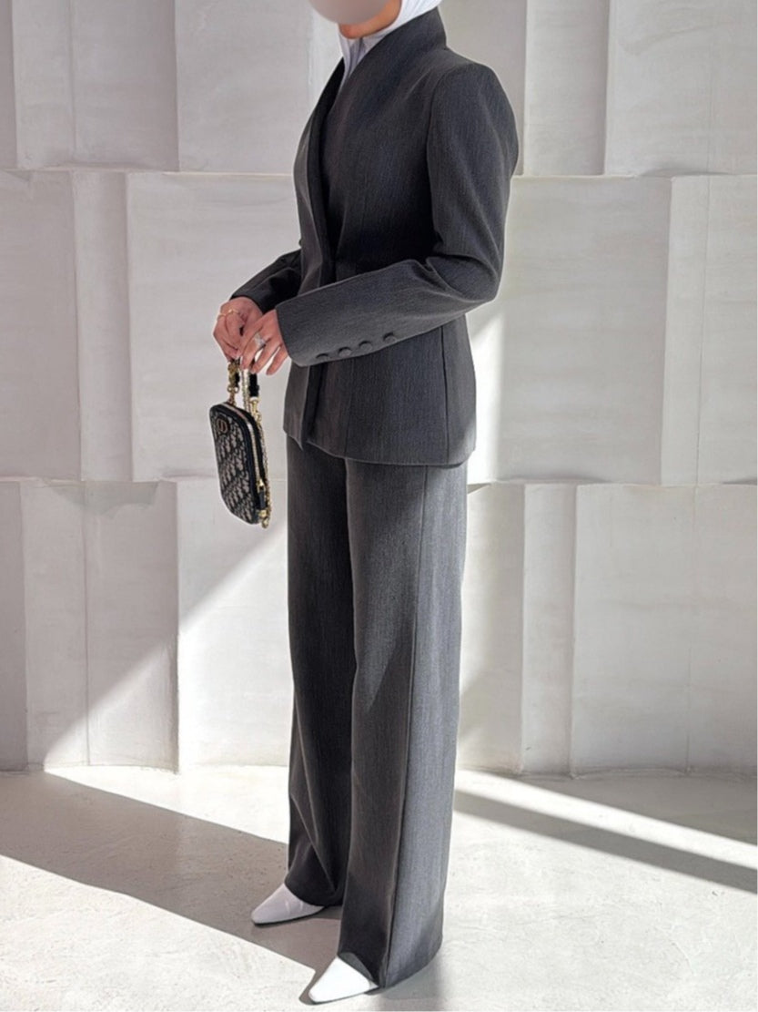 Pure gray concealed button jacket and trousers set