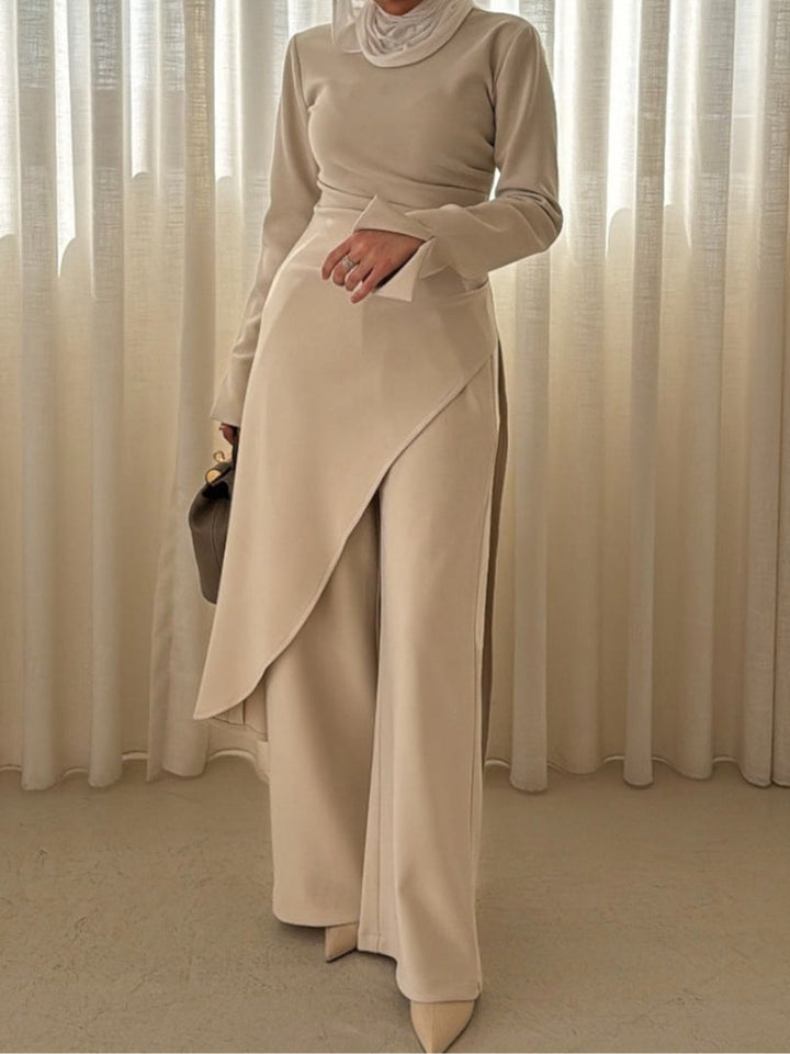 Pleated asymmetric top and trousers set