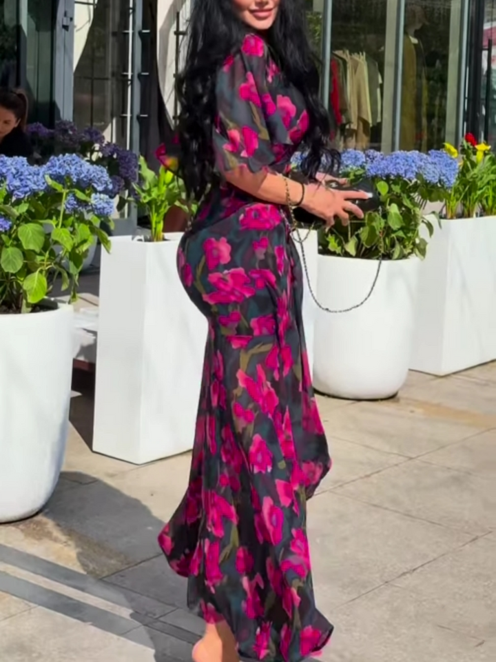 Leontina – Retro Trumpet Sleeve Print Dress