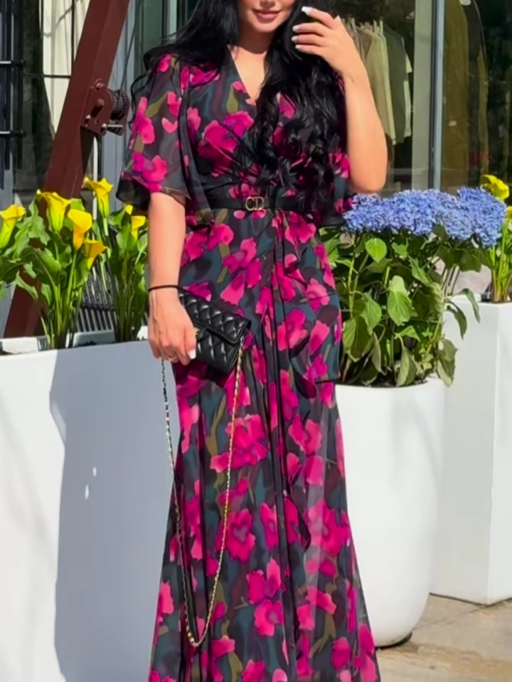 Leontina – Retro Trumpet Sleeve Print Dress