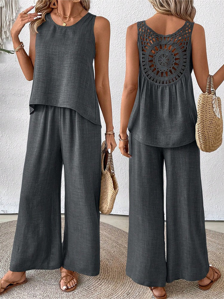 Solid color back hollow lace set