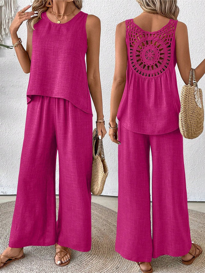 Solid color back hollow lace set