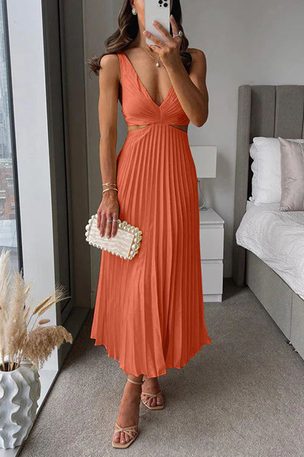 Orielle – Cutout Satin Pleated Midi Dress