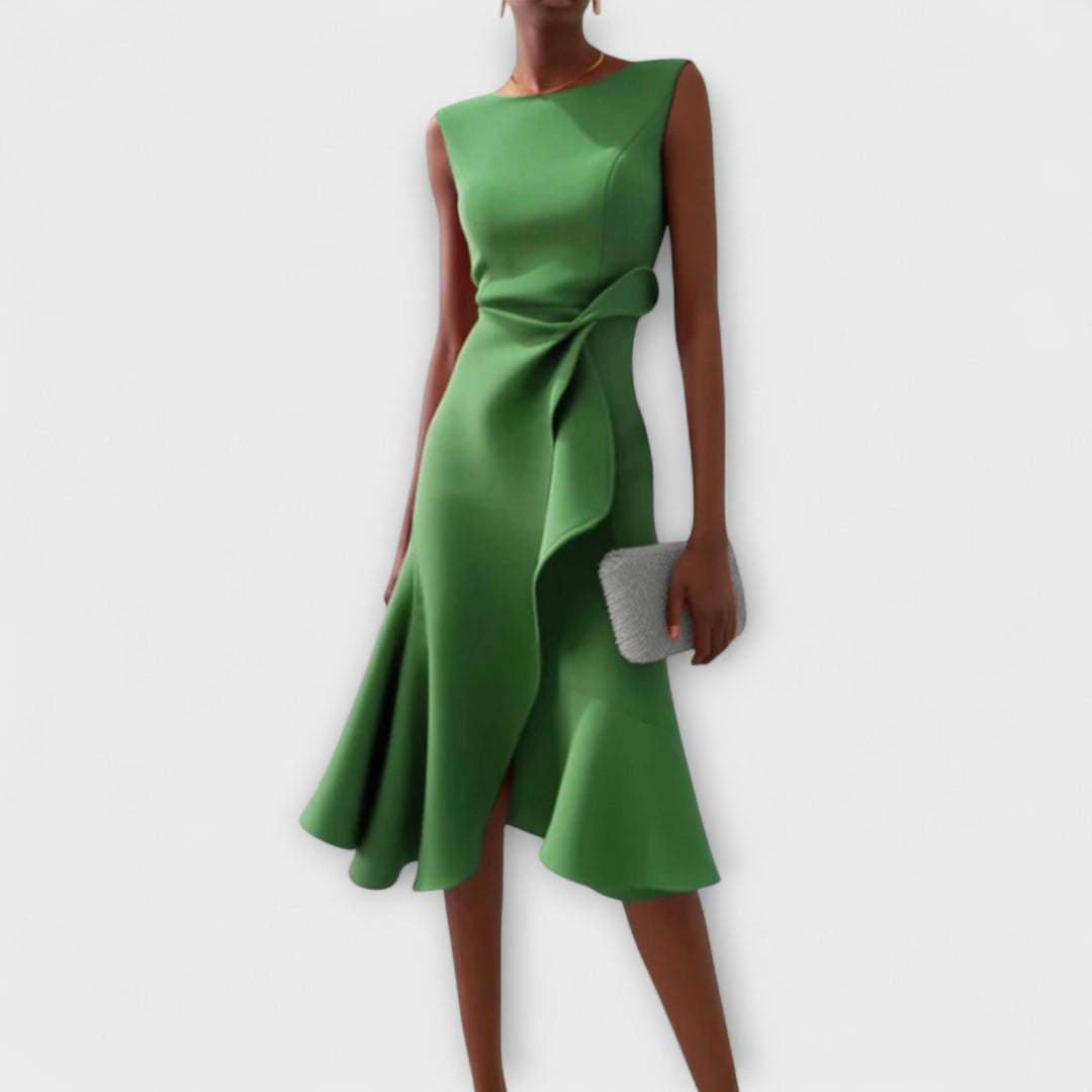 Amirelle – Asymmetric Draped Midi Dress