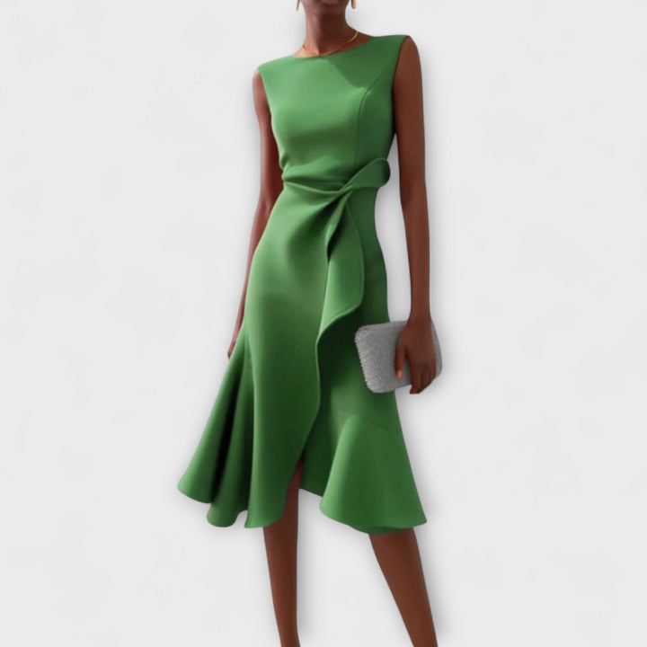 Amirelle – Asymmetric Draped Midi Dress