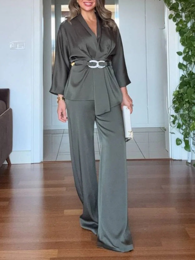 V-neck satin flowy wide-leg pants suit