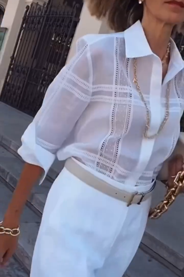 White Hollowed-out checked Shirt + Trousers Suit Set