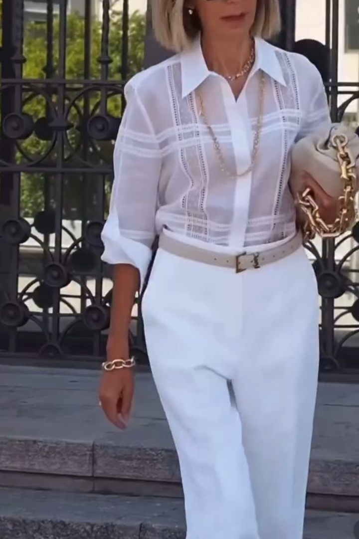 White Hollowed-out checked Shirt + Trousers Suit Set