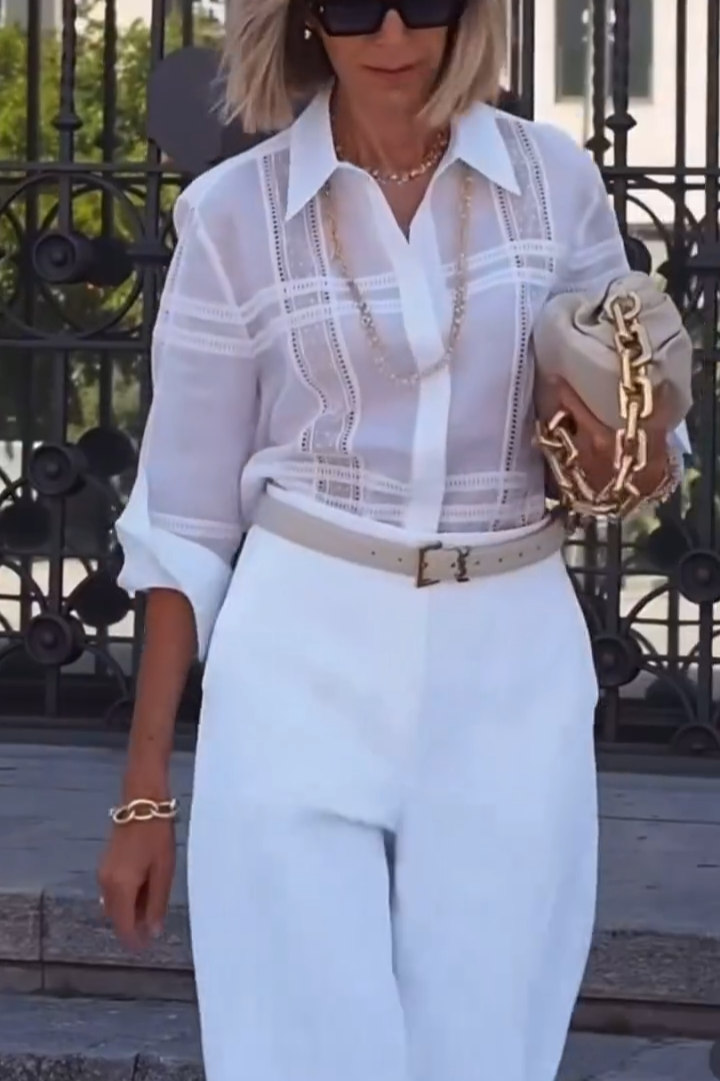 White Hollowed-out checked Shirt + Trousers Suit Set