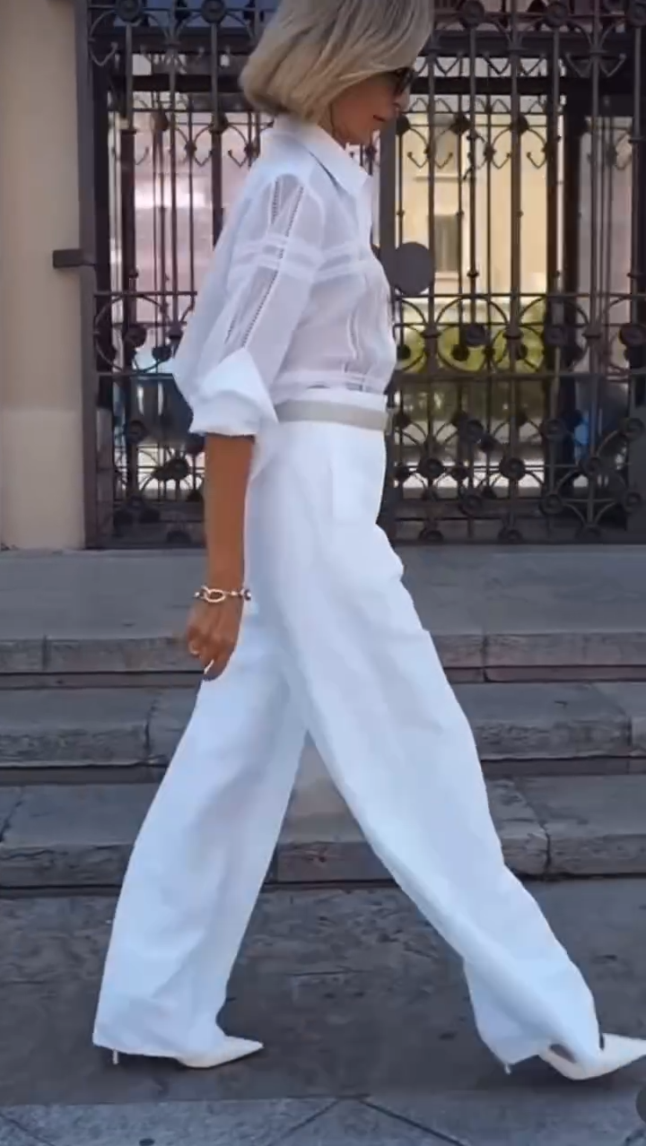 White Hollowed-out checked Shirt + Trousers Suit Set