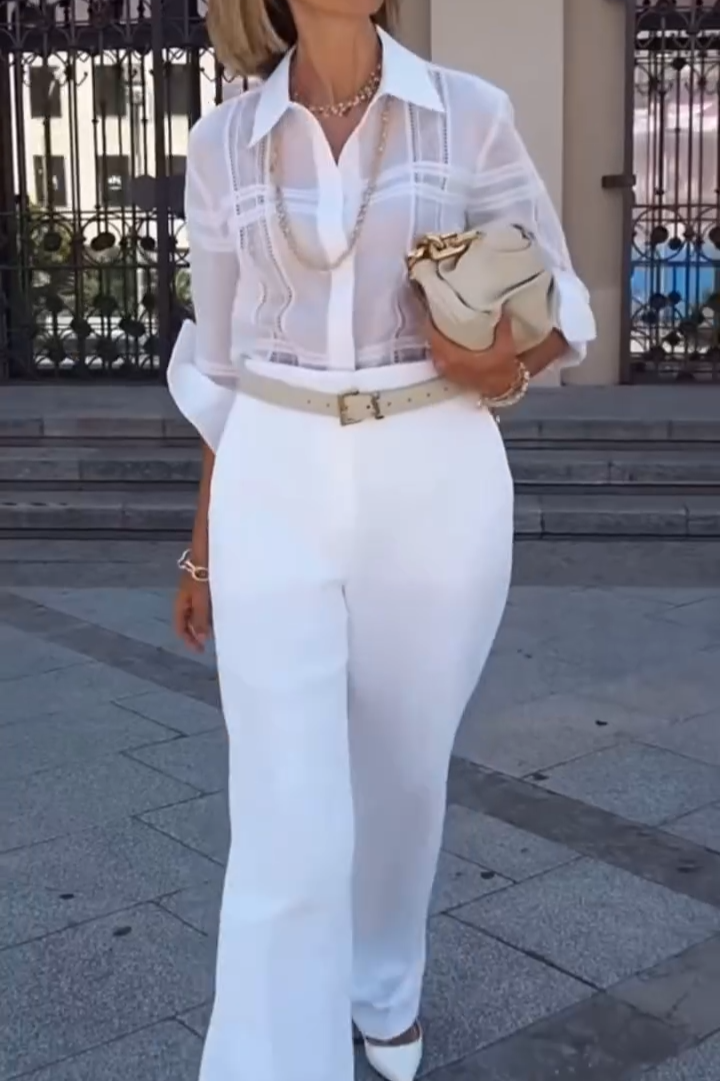 White Hollowed-out checked Shirt + Trousers Suit Set