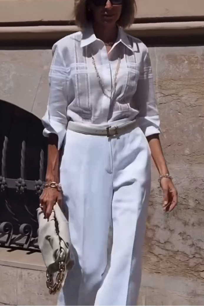 White Hollowed-out checked Shirt + Trousers Suit Set