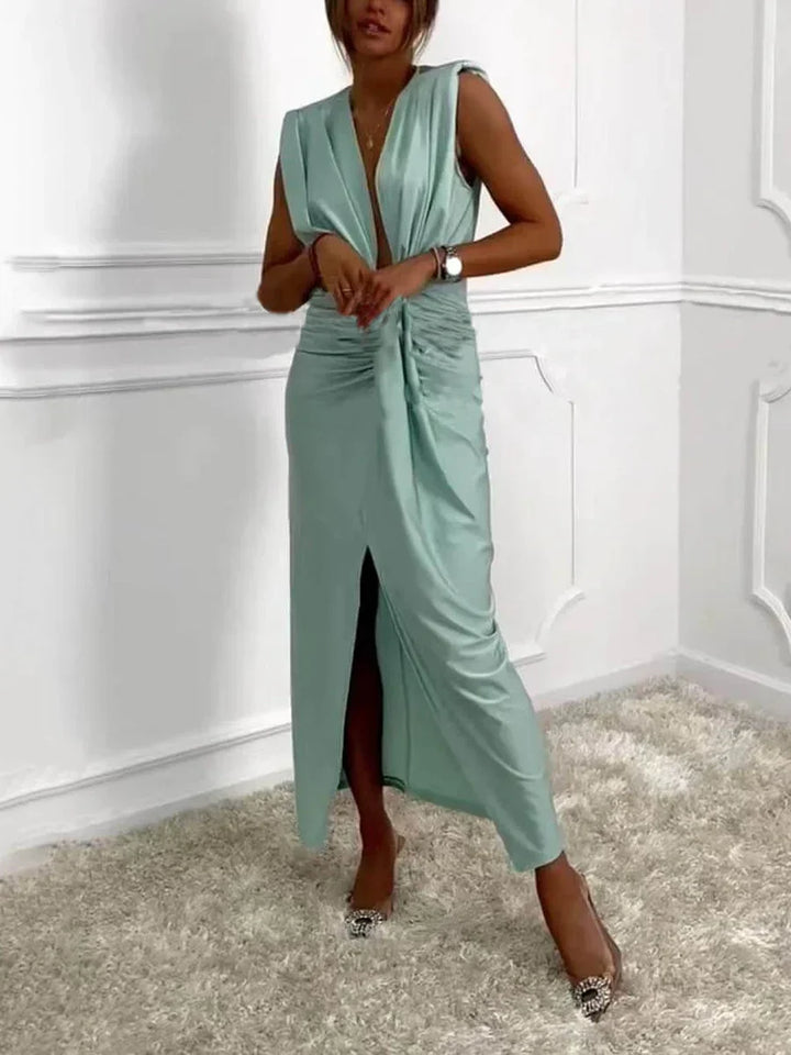 Daisy - Classic Midi Dress With Ruched Draped Slit