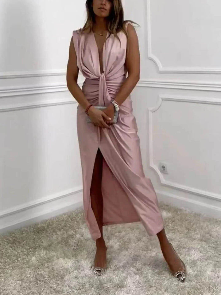 Daisy - Classic Midi Dress With Ruched Draped Slit