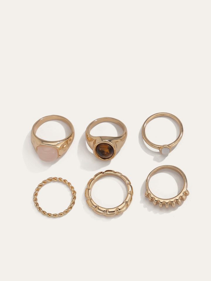 Six-Piece Mixed Stone & Texture Ring Set