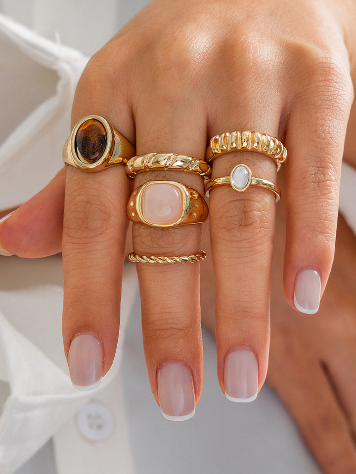 Six-Piece Mixed Stone & Texture Ring Set
