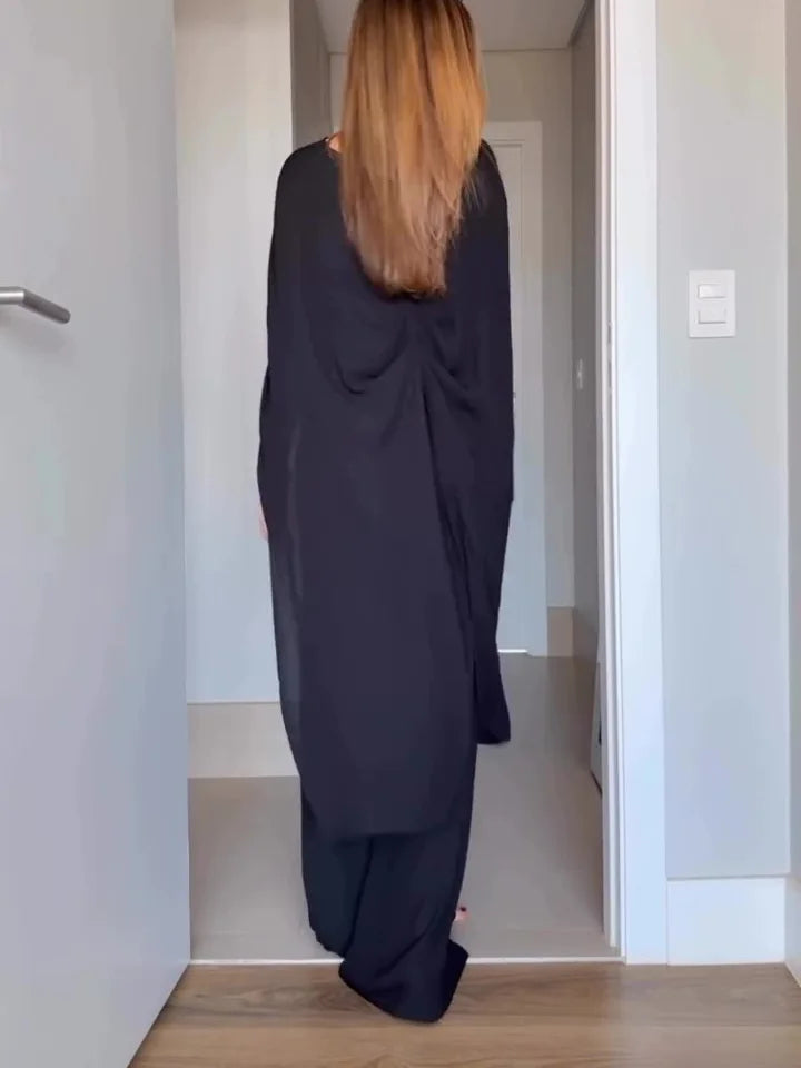 Black Cape-style Top And Wide-leg Pants Set