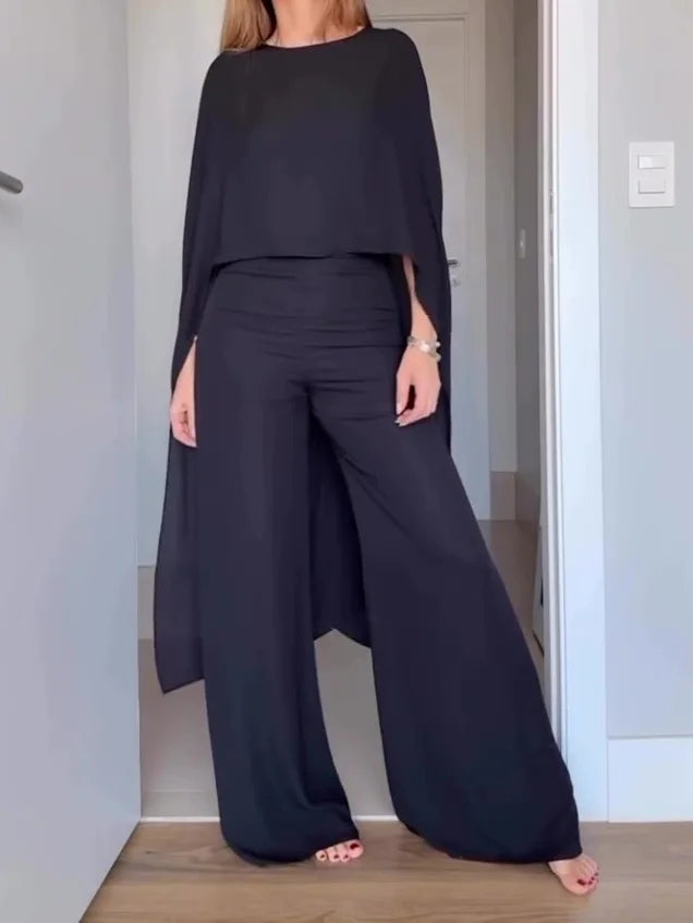 Black Cape-style Top And Wide-leg Pants Set
