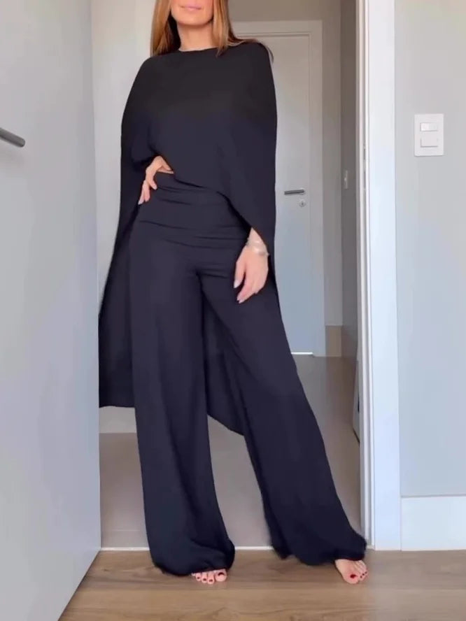 Black Cape-style Top And Wide-leg Pants Set
