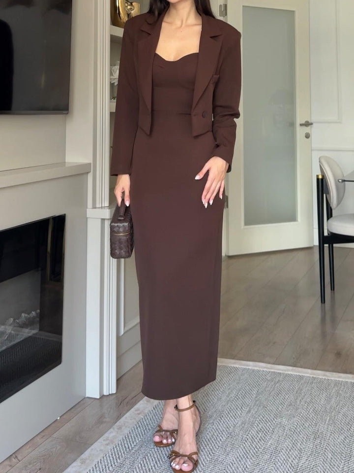Brown jacket and suspender dress set
