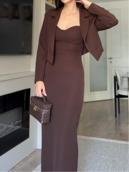 Brown jacket and suspender dress set