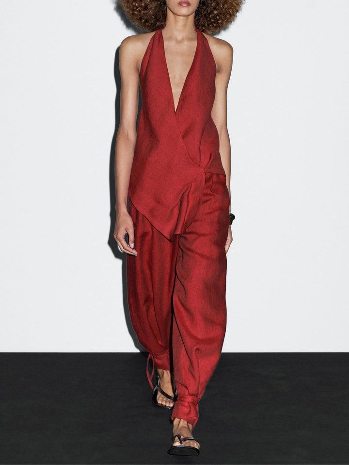 Low-cut halter top and lace-up pants set