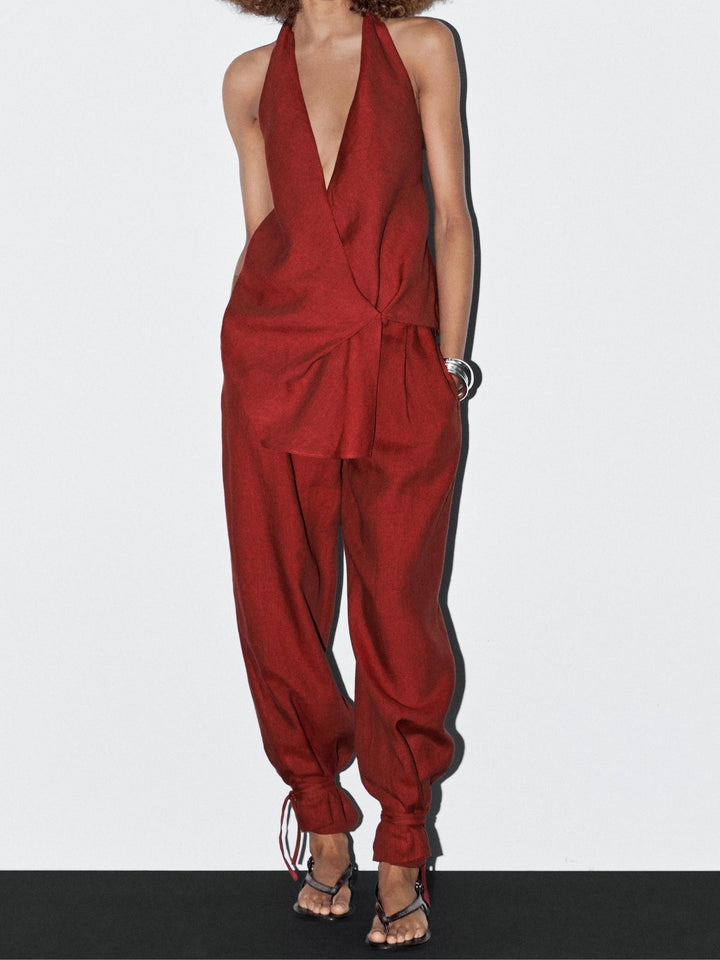 Low-cut halter top and lace-up pants set