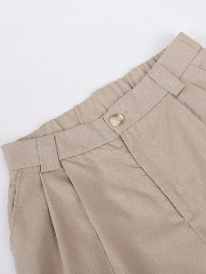 Classic V-neck Pleated Cotton and Linen Wide-leg Pants Suit