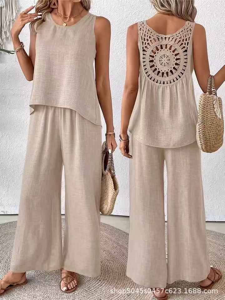 Solid color back hollow lace set