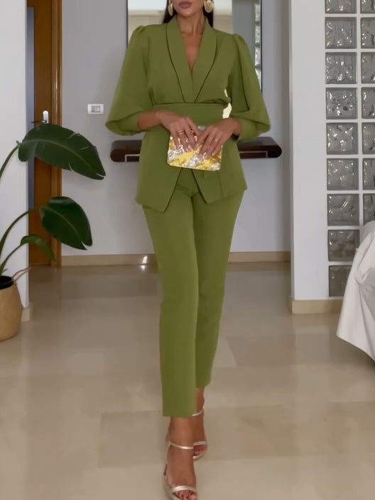 Green Jacket And Trousers Two-piece Suit