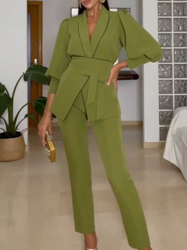 Green Jacket And Trousers Two-piece Suit