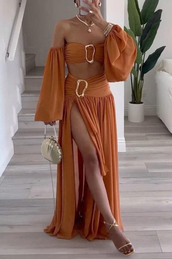 Chiffon high waist flowy asymmetric draped maxi skirt set