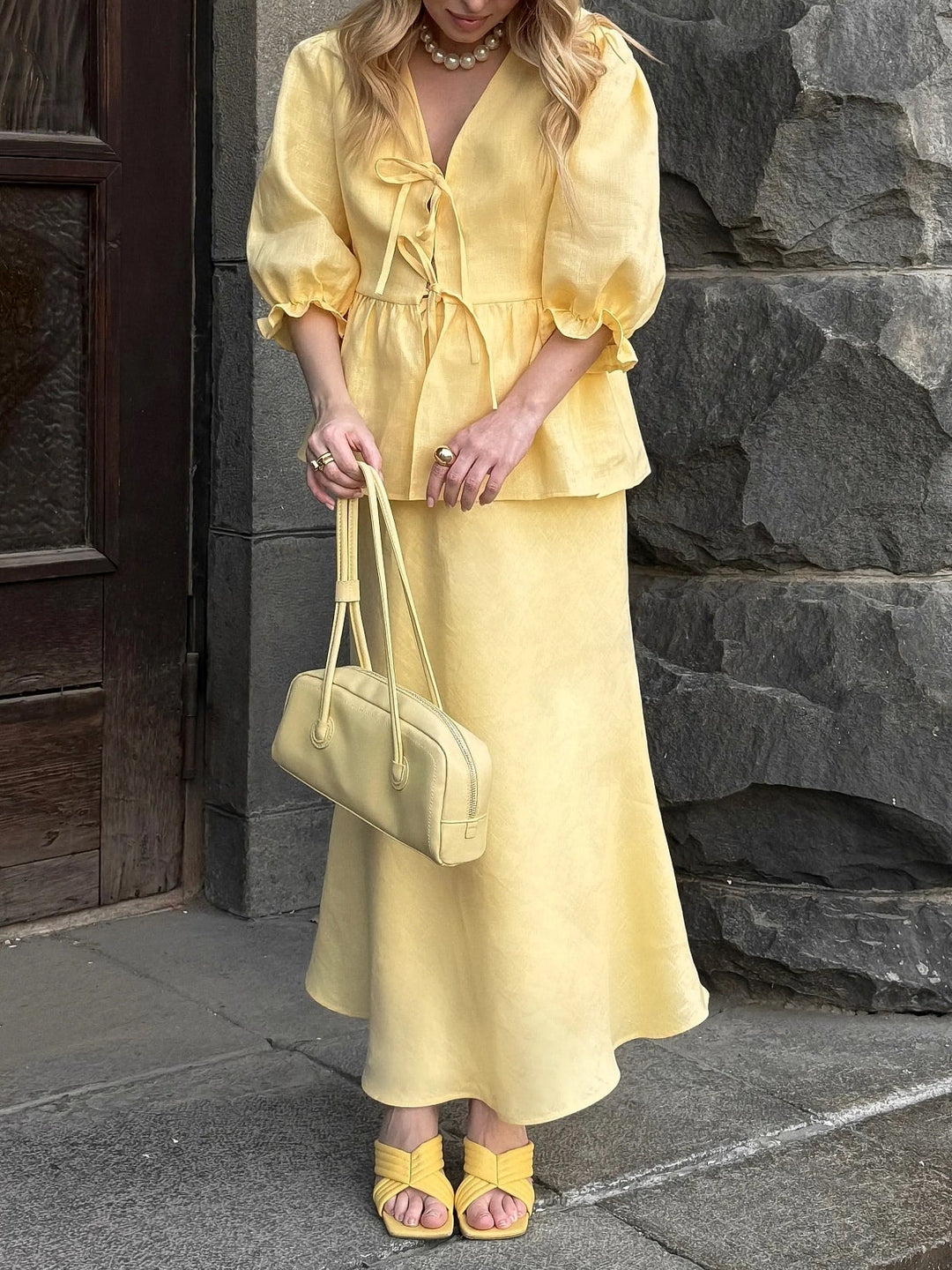 Yellow V-neck Mid-sleeve Top High Waist Skirt Linen Suit