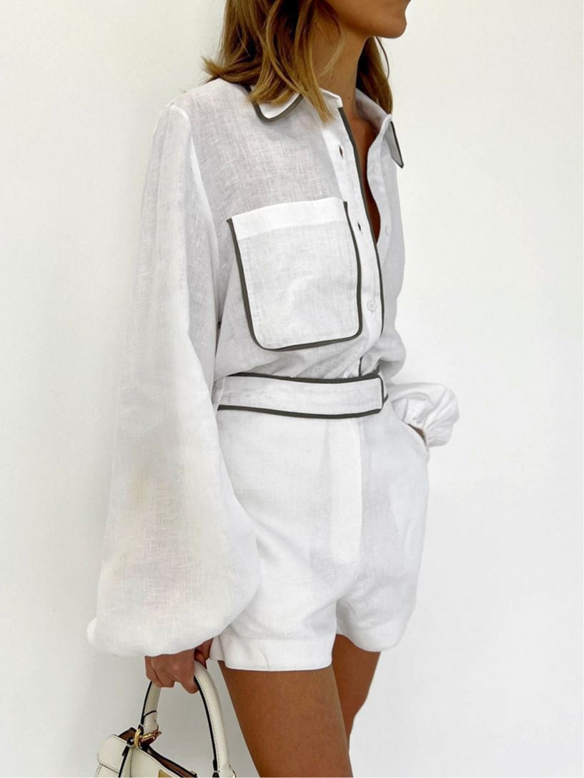 Black an White Contrast Cotton and Linen Shirt and Shorts Two-piece Set