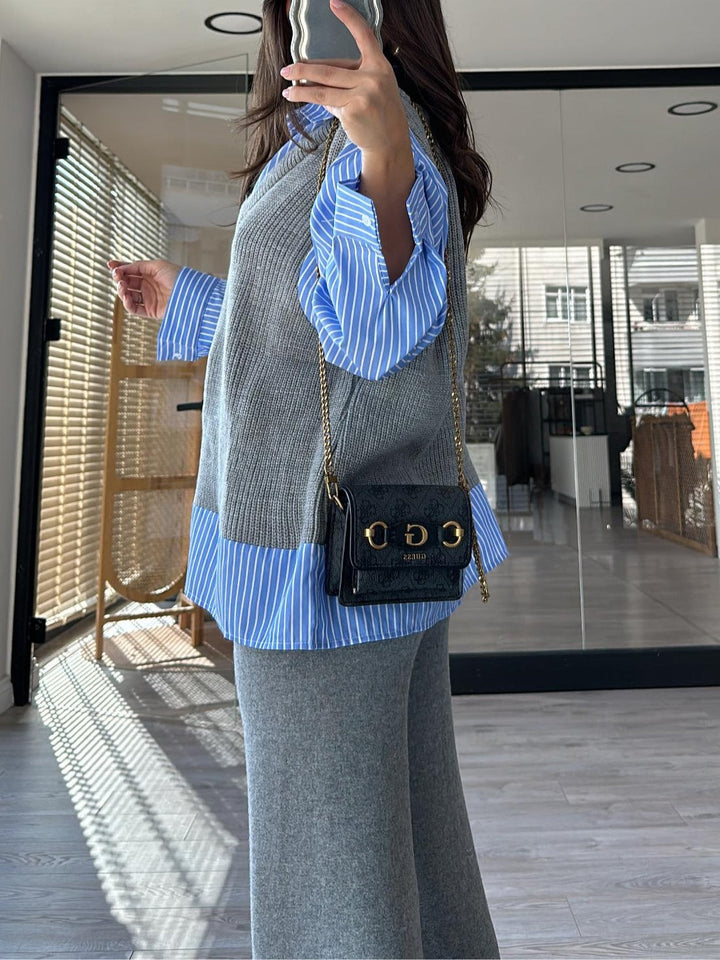 Striped Shirt Knitted Fake Two-piece Set