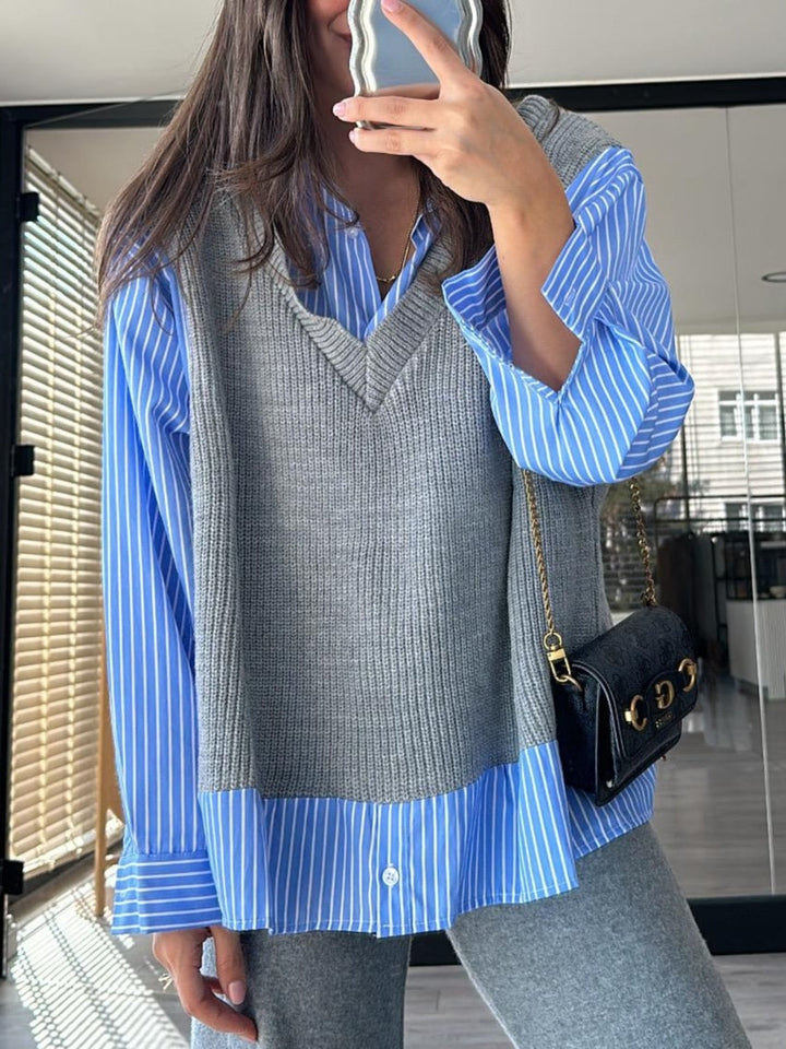 Striped Shirt Knitted Fake Two-piece Set