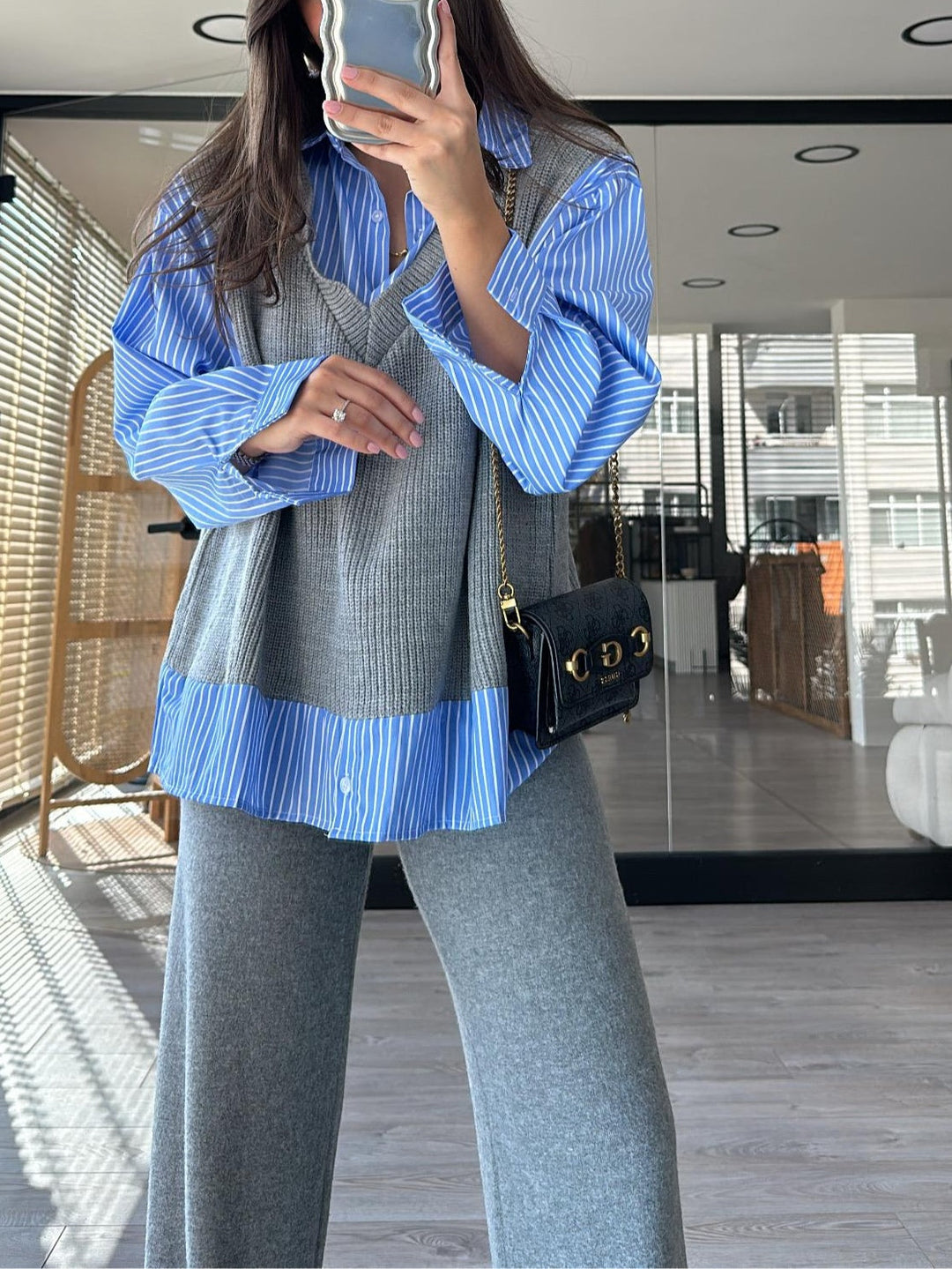 Striped Shirt Knitted Fake Two-piece Set