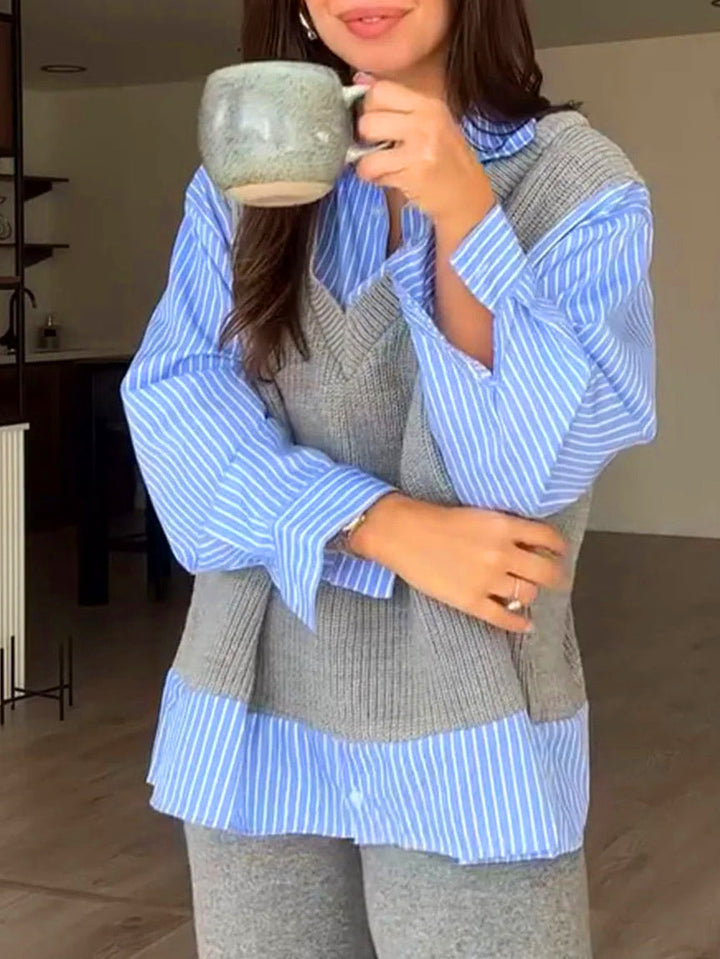 Striped Shirt Knitted Fake Two-piece Set