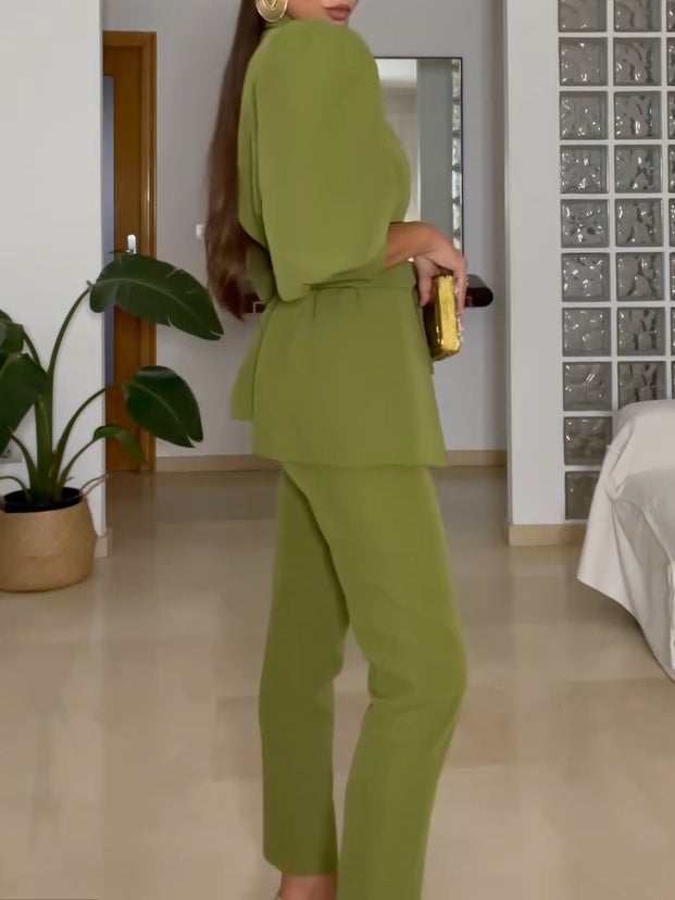 Green Jacket And Trousers Two-piece Suit