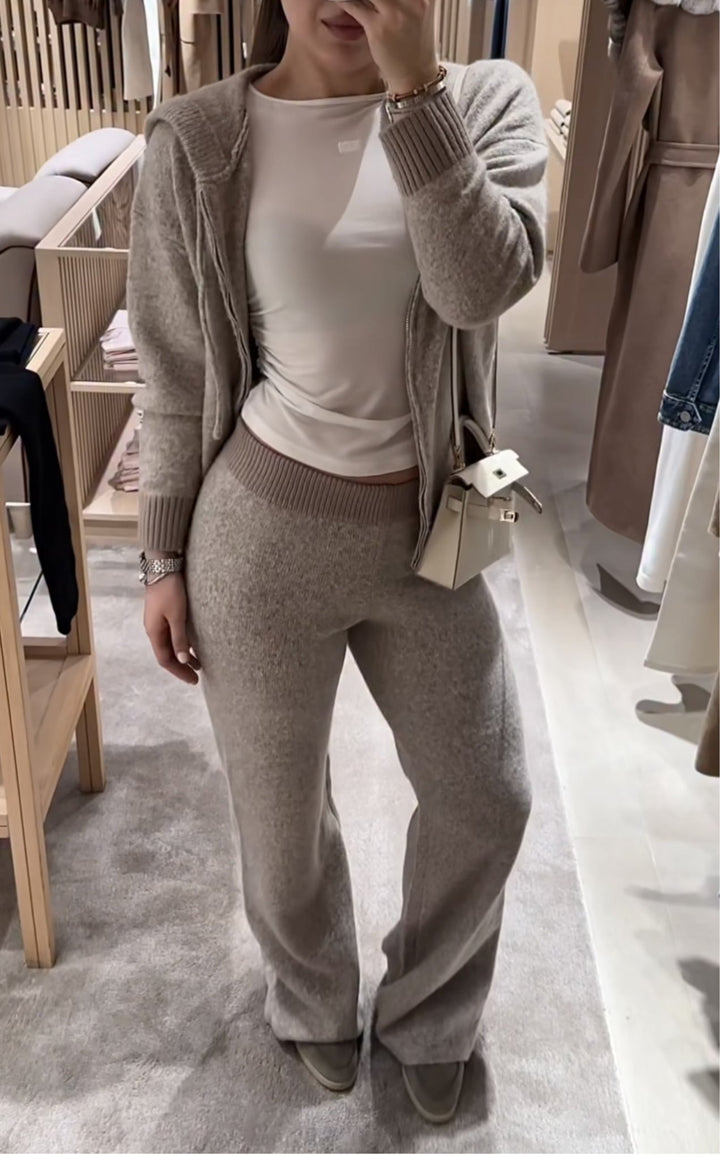 Coffee Hooded Knitted Jacket And Pants Two-piece Set