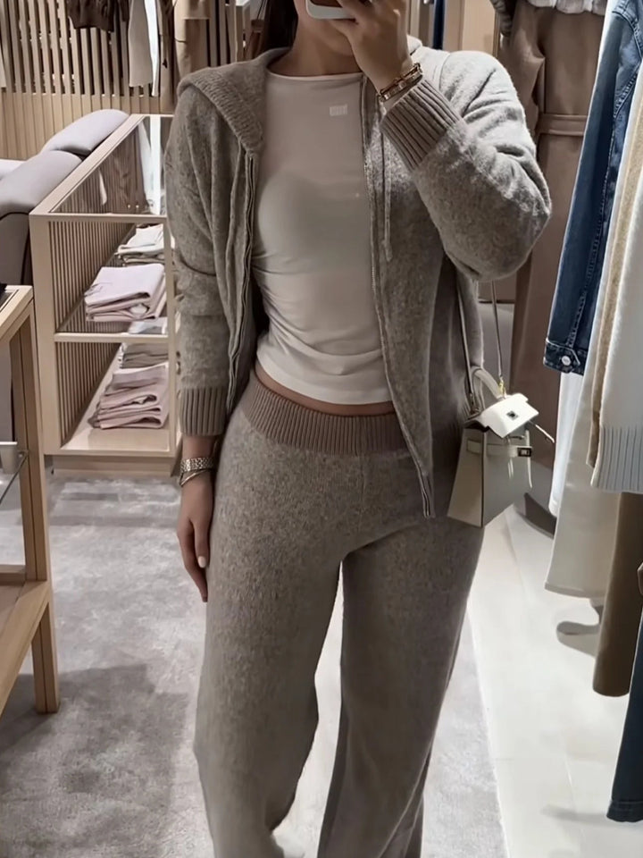 Coffee Hooded Knitted Jacket And Pants Two-piece Set