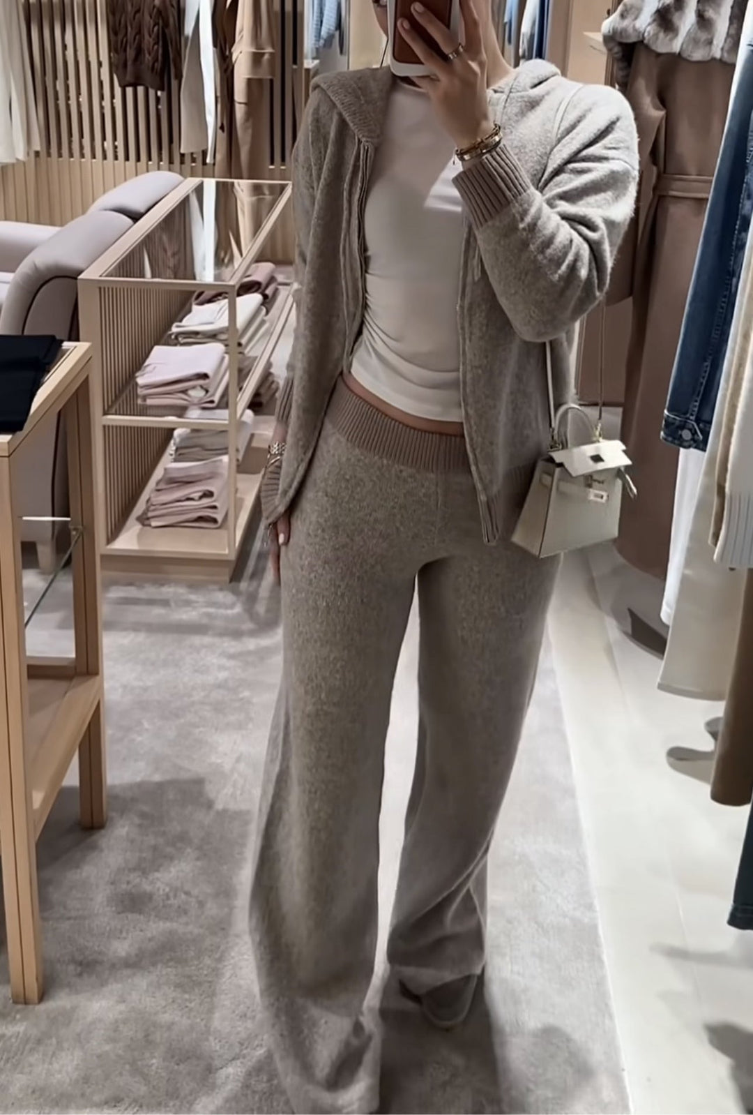 Coffee Hooded Knitted Jacket And Pants Two-piece Set