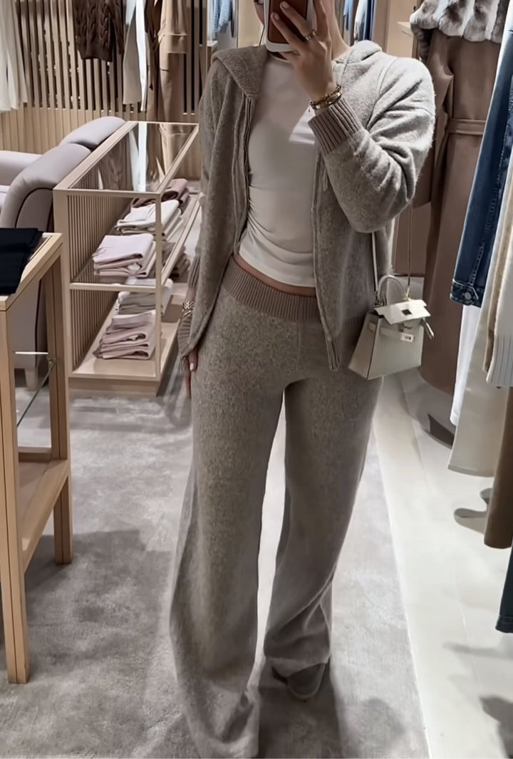 Coffee Hooded Knitted Jacket And Pants Two-piece Set