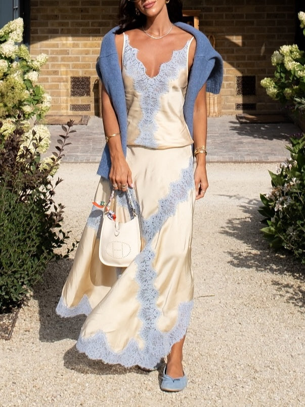 Beige & Blue Lace Trim Top And Skirt Two-piece Set