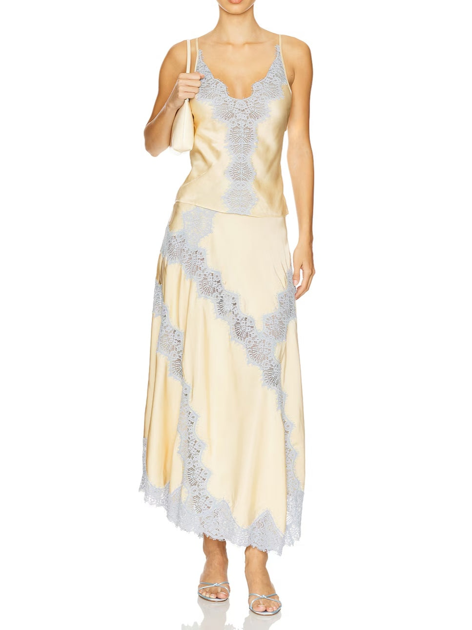 Beige & Blue Lace Trim Top And Skirt Two-piece Set