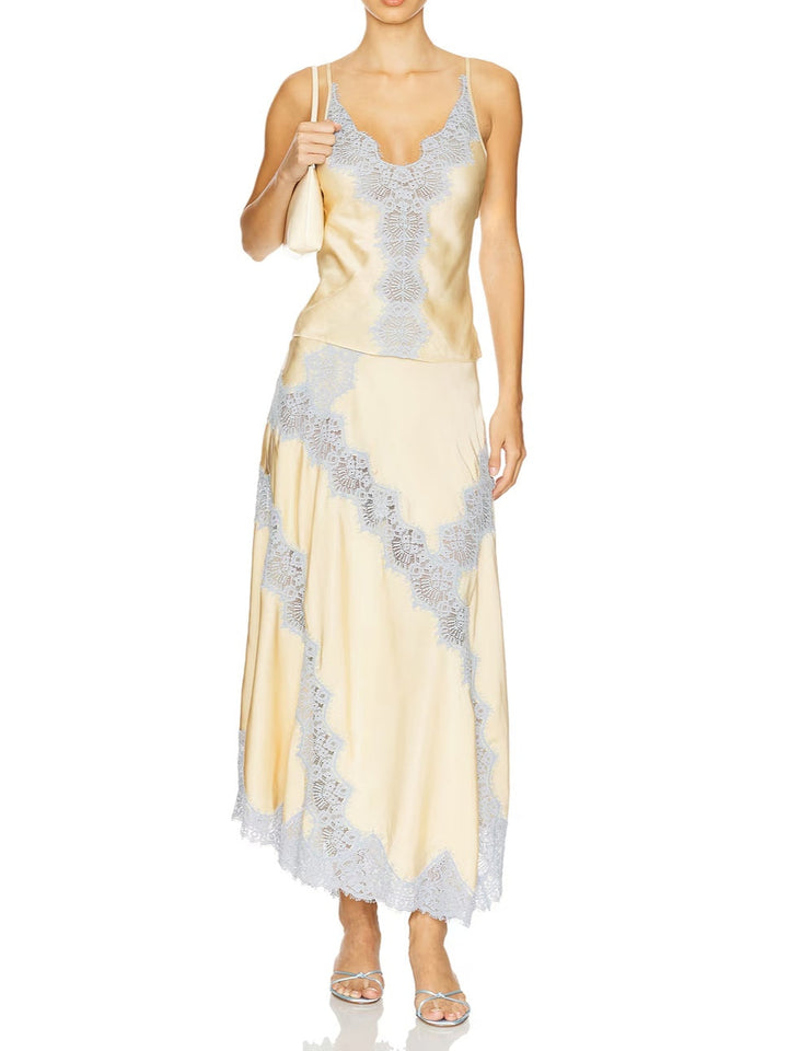 Beige & Blue Lace Trim Top And Skirt Two-piece Set