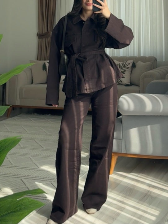 Brown Lace-up Casual Two-piece Suit