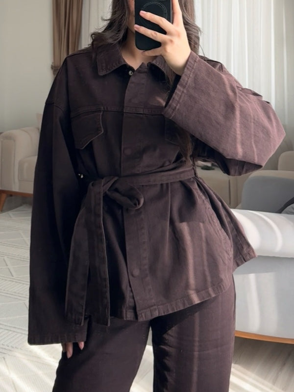 Brown Lace-up Casual Two-piece Suit